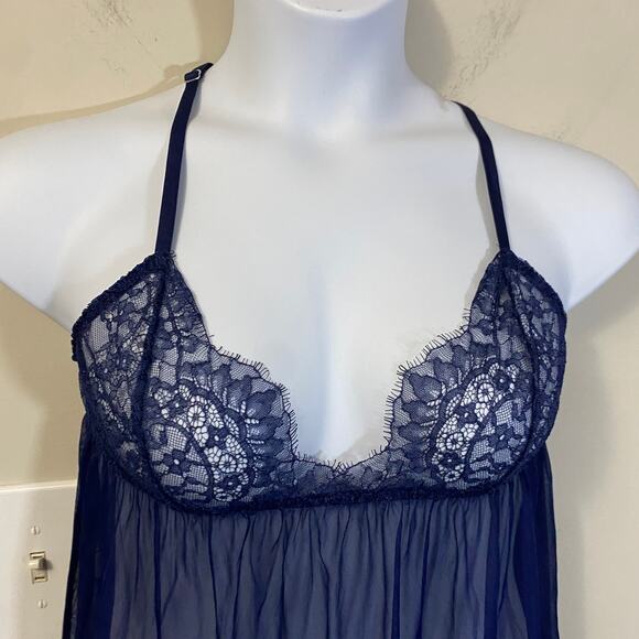 Victoria's Secret Dark Navy Blue Mesh Lace Nightie Babydoll Chemise Sz L - Picture 2 of 8